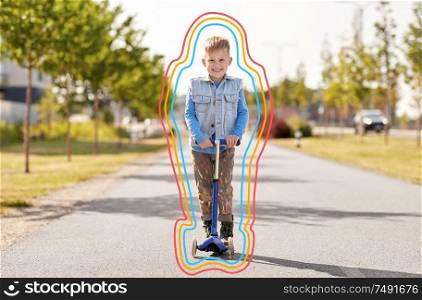 childhood, leisure and fun concept - happy little boy riding scooter in city with glowing lines. happy little boy riding scooter in city