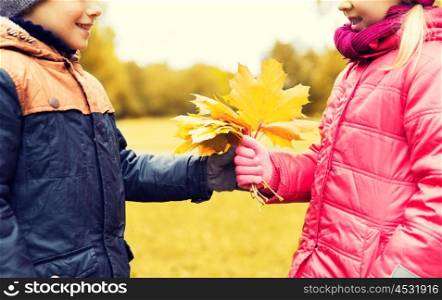 childhood, leisure, friendship and people concept - happy little boy giving maple leaves to girl in autumn park. little boy giving autumn maple leaves to girl