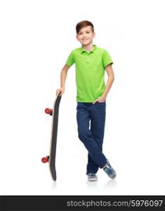 childhood, leisure, school and people concept - happy smiling boy with skateboard