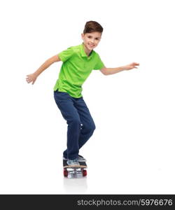 childhood, leisure, school and people concept - happy smiling boy with skateboard