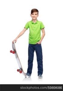 childhood, leisure, school and people concept - happy smiling boy with skateboard