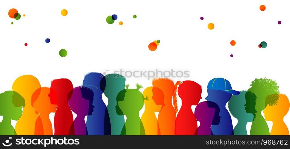 Childhood. Multicultural kindergarten. Group of different children profile colored silhouette isolated. Community of multi-ethnic children. Children with different cultures and races. Communication