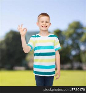 childhood, nature, gesture and people concept - smiling little boy making ok gesture over green park background