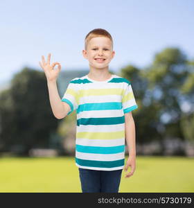 childhood, nature, gesture and people concept - smiling little boy making ok gesture over green park background