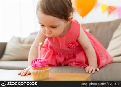 childhood, people and celebration concept - happy baby girl blowing to candle on cupcake on birthday party at home. girl blowing to candle on cupcake at birthday