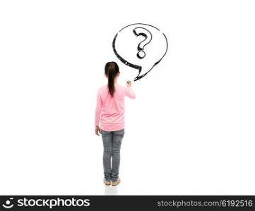 childhood, preschool education, information, learning and people concept - little girl with marker drawing question mark from back
