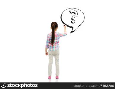 childhood, preschool education, information, learning and people concept - little girl with marker drawing question mark from back