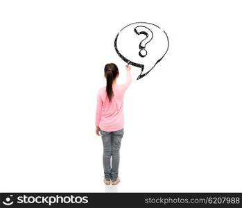 childhood, preschool education, information, learning and people concept - little girl with marker drawing question mark from back