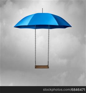 Childhood protection and child safety symbol as an umbrella with a swing protecting and providing safety and shelter to vulnerable youth as a 3D illustration.