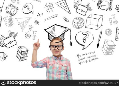 childhood, school, education and people concept - happy little girl in eyeglasses pointing finger up with doodles