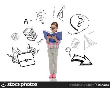 childhood, school, education and people concept - happy little girl in eyeglasses reading book with doodles