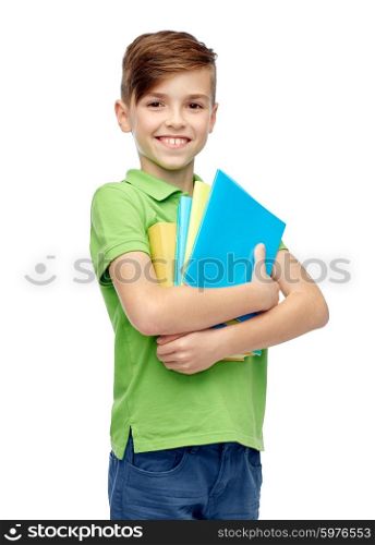 childhood, school, education and people concept - happy smiling student boy with folders and notebooks