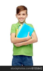 childhood, school, education and people concept - happy smiling student boy with folders and notebooks