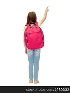 childhood, school, education and people concept - little student girl with bag from back. little student girl with school bag from back