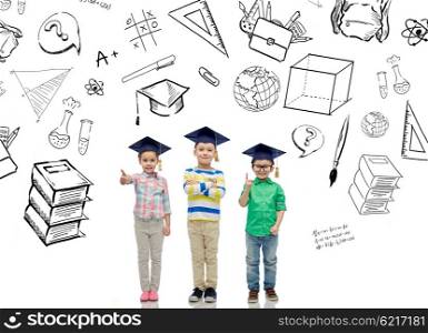 childhood, school, education, knowledge and people concept - happy children in bachelor hats or mortarboards and eyeglasses over doodles