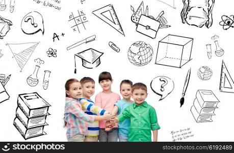 childhood, school, education, learning and people concept - happy little children with hands on top with doodles