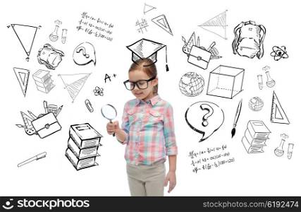 childhood, school, education, learning and people concept - happy little girl in eyeglasses with magnifying glass with doodles