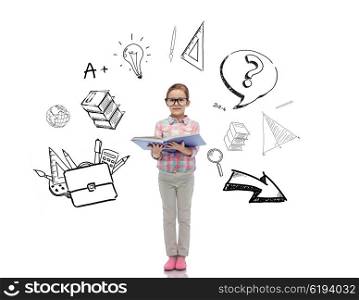 childhood, school, education, learning and people concept - happy little girl in eyeglasses reading book with doodles