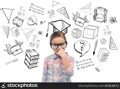 childhood, school, education, learning and people concept - happy little girl in eyeglasses with doodles