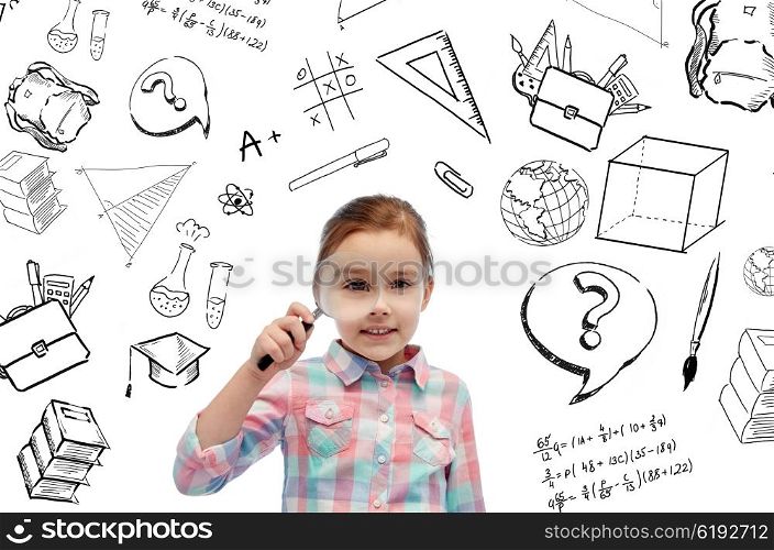 childhood, school, education, learning and people concept- happy little girl looking through magnifying glass with doodles