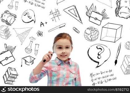 childhood, school, education, learning and people concept- happy little girl looking through magnifying glass with doodles