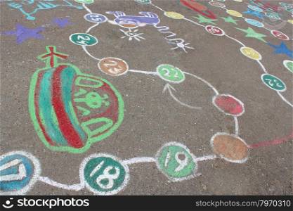 childish drawings as a game on the asphalt. childish drawings as a game on the asphalt of street