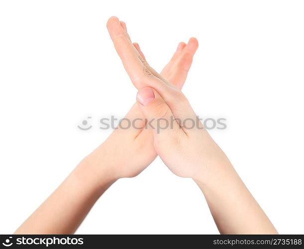 childish hands represents letter X from alphabet, stop sign