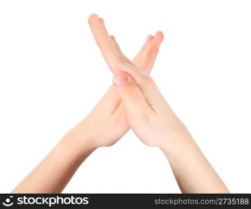 childish hands represents letter X from alphabet, stop sign