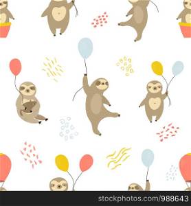 Childish Seamless pattern with cute sloths and air balloons. For greeting cards, textiles, wallpapers, wrapping paper. Seamless pattern with cute sloths and air balloons