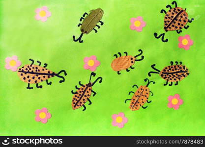 Children&#39;s odd with beetles with pink flowers on the green background