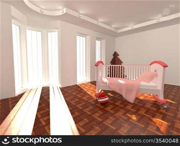 Children&acute;s bed in an empty room, lit by sunlight. 3d