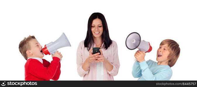 Children against a bruentte girl with a mobile screaming with megaphones isolated on a white background