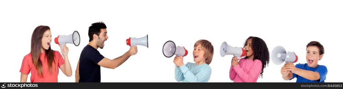 Children against adults screaming with megaphones isolated on a white background