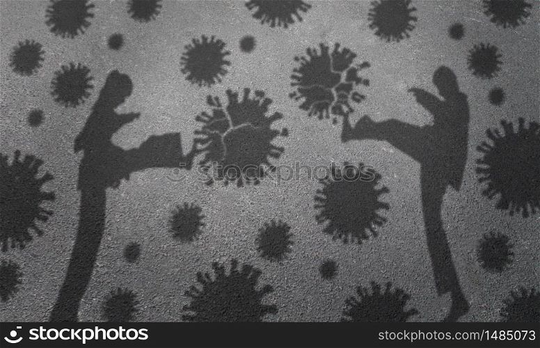 Children and covid or kids fighting coronavirus or covid-19 fight against contagious virus as the flu or influenza outbreak as a healthcare concept with 3D illustration elements.