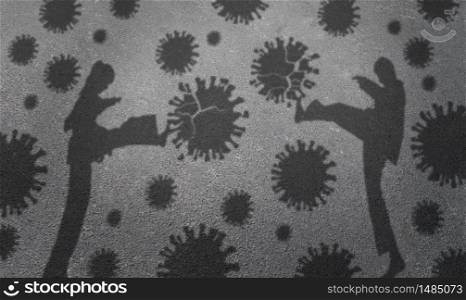 Children and covid or kids fighting coronavirus or covid-19 fight against contagious virus as the flu or influenza outbreak as a healthcare concept with 3D illustration elements.
