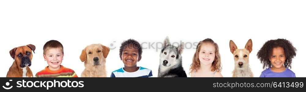 Children and dogs, a good combination isolated on a white background