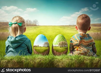 Children and easter eggs on the meadow. Generative AI