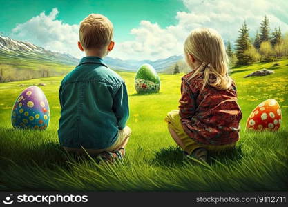 Children and easter eggs on the meadow. Generative AI