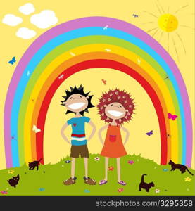 Children and rainbow with label for text