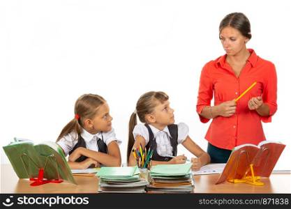 Children at their desks look at the angry teacher with fear