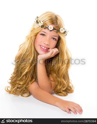 children blond girl with spring daisy flowers crown smiling on white