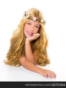 children blond girl with spring daisy flowers crown smiling on white