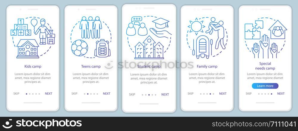 Children camps onboarding mobile app page screen vector template. Kids and family holiday. Walkthrough website steps with linear illustrations. UX, UI, GUI smartphone interface concept