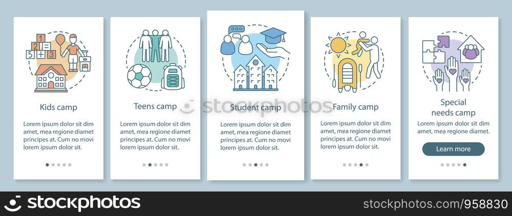 Children camps onboarding mobile app page screen with linear concepts. Kids and family holiday walkthrough steps graphic instructions. UX, UI, GUI vector template with illustrations