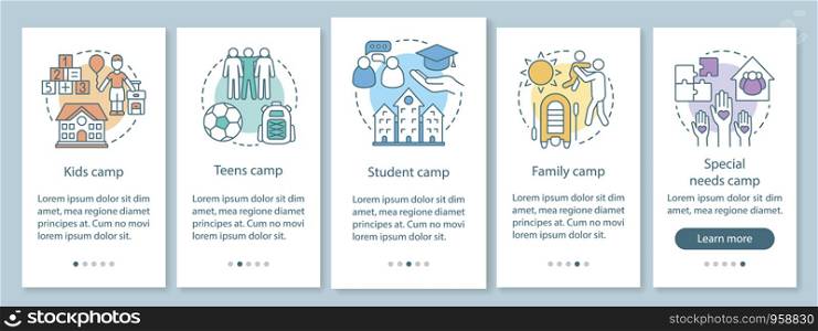 Children camps onboarding mobile app page screen with linear concepts. Kids and family holiday walkthrough steps graphic instructions. UX, UI, GUI vector template with illustrations