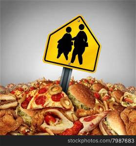 Children diet problems and obesity crisis in the school concept as a heap of unhealthy fast food with two overweight fat kids on a a crossing traffic sign as a nutrition risk symbol for the youth.