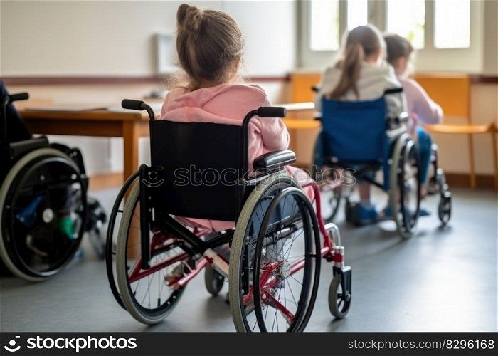 children disabled person in wheelchairs at school, inclusive education generative ai.