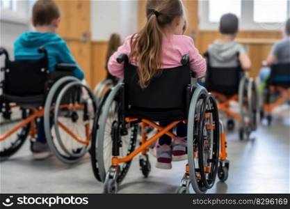 children disabled person in wheelchairs at school, inclusive education generative ai.