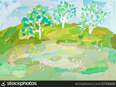 children drawing - autumn landscape with three trees on green hill