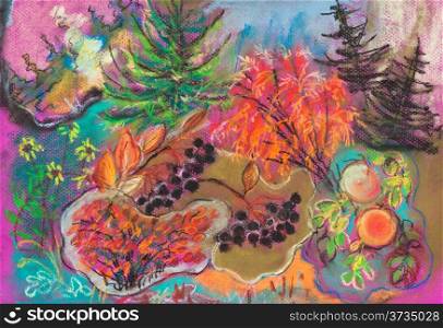 children drawing - bright autumn stylized forest background